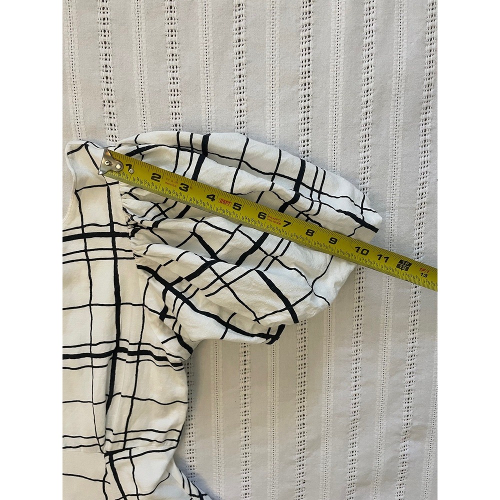 Aureta Linen Blend Puff Sleeve Mini Dress Abstract Grid Check Open Back Size S - Picture 11 of 13